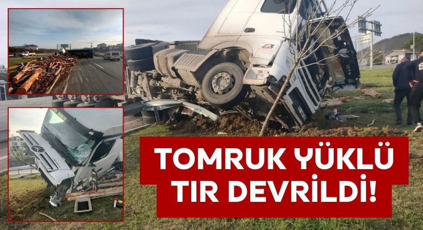 Ordu’da tomruk yüklü tır devrildi: Trafik bir süre aksadı